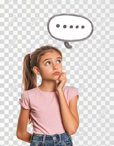 A girl is thinking, with her hand on her chin and an empty speech bubble above her head, isolated on a white background. Detailed, photographic stock image.
