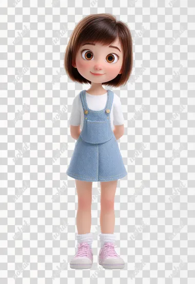Full-body 3D Pixar-style cartoon girl, standing on a clean white background. She has short straight brown hair with bangs, large expressive brown eyes, round cheeks, and a soft friendly smile. Wearing a white short-sleeve shirt under a blue denim jumper dress, white socks, and pink sneakers. Clean studio lighting, no shadows, ultra detailed, Octane Render, child character design, wholesome and cute look.