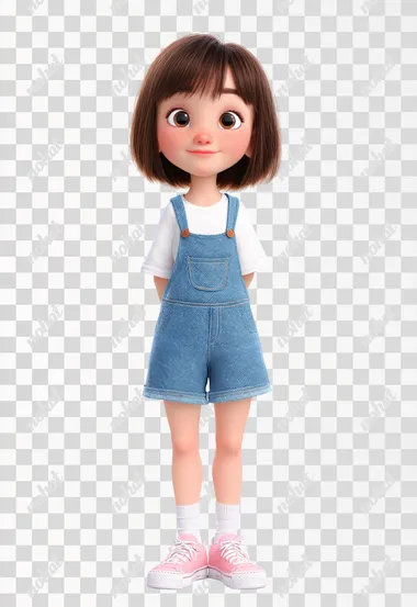Full-body 3D Pixar-style cartoon girl, standing on a clean white background. She has short straight brown hair with bangs, large expressive brown eyes, round cheeks, and a soft friendly smile. Wearing a white short-sleeve shirt under a blue denim jumper dress, white socks, and pink sneakers. Clean studio lighting, no shadows, ultra detailed, Octane Render, child character design, wholesome and cute look.