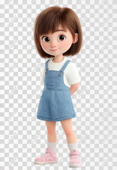 Full-body 3D Pixar-style cartoon girl, standing on a clean white background. She has short straight brown hair with bangs, large expressive brown eyes, round cheeks, and a soft friendly smile. Wearing a white short-sleeve shirt under a blue denim jumper dress, white socks, and pink sneakers. Clean studio lighting, no shadows, ultra detailed, Octane Render, child character design, wholesome and cute look.