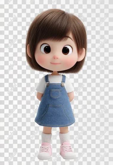 Full-body 3D Pixar-style cartoon girl, standing on a clean white background. She has short straight brown hair with bangs, large expressive brown eyes, round cheeks, and a soft friendly smile. Wearing a white short-sleeve shirt under a blue denim jumper dress, white socks, and pink sneakers. Clean studio lighting, no shadows, ultra detailed, Octane Render, child character design, wholesome and cute look.
