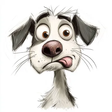 Funny dog face, cartoon style, wallace and gromit style, doing a funny face, sketch, white background.