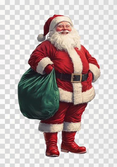 Vintage illustration of Santa Claus, full body, white background, green velvet bag, red boots, smiling and happy, Christmas-themed, colorful.