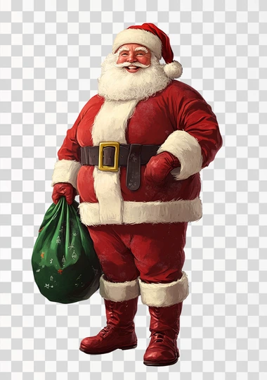 Vintage illustration of Santa Claus, full body, white background, green velvet bag, red boots, smiling and happy, Christmas-themed, colorful.