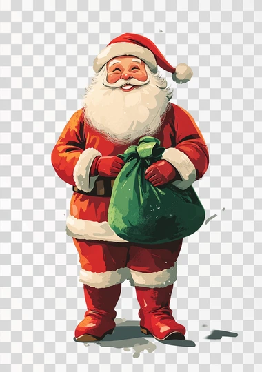 Vintage illustration of Santa Claus, full body, white background, green velvet bag, red boots, smiling and happy, Christmas-themed, colorful.