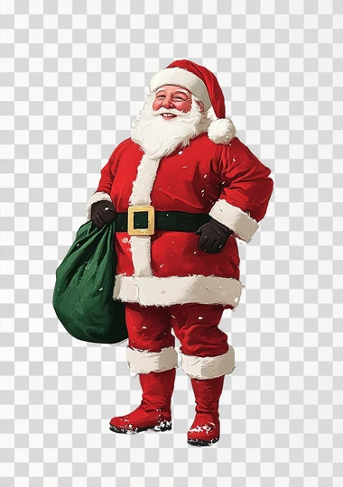 Vintage illustration of Santa Claus, full body, white background, green velvet bag, red boots, smiling and happy, Christmas-themed, colorful.