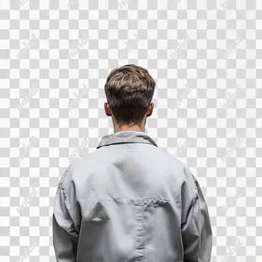 Machine worker, back of head, pure white background photo studio setting for visa