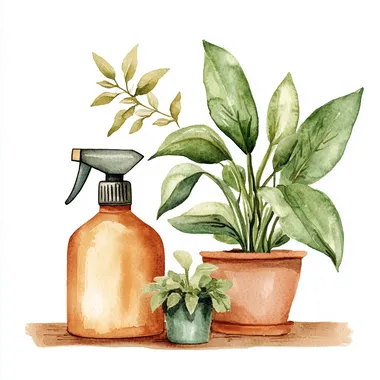 clipart, misting spray bottle for houseplant, white background, watercolor, follow fresh and earthy color palette (emerald green, sage, terracotta, mustard, light wood tones, and off-white)