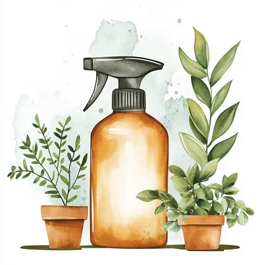 clipart, misting spray bottle for houseplant, white background, watercolor, follow fresh and earthy color palette (emerald green, sage, terracotta, mustard, light wood tones, and off-white)