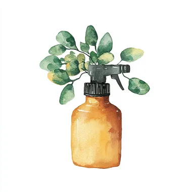 clipart, misting spray bottle for houseplant, white background, watercolor, follow fresh and earthy color palette (emerald green, sage, terracotta, mustard, light wood tones, and off-white)