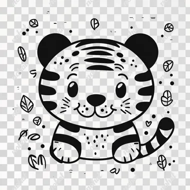 bold and easy coloring page for kids A cartoon tiger icon bold outlines Vector illustration black and white. Sticker design clipart style. Cartoon style