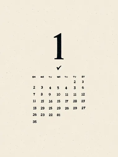 A calendar page with a small checkmark on one date, minimal black and white line drawing, elegant ink sketch style, no color, no shading, no texture, no paper grain, clean white background, plenty of negative space  3319479672