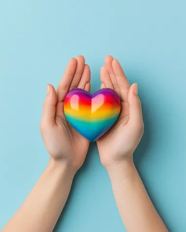Hands Holding Rainbow Hearts, a professional studio shot of hands delicately presenting a vibrant rainbow heart, fingers elegantly positioned, minimalist soft-focus background,   ludog5a --s 250