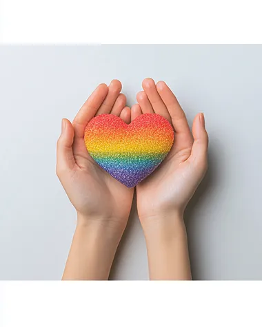 Hands Holding Rainbow Hearts, a professional studio shot of hands delicately presenting a vibrant rainbow heart, fingers elegantly positioned, minimalist soft-focus background,   ludog5a --s 250