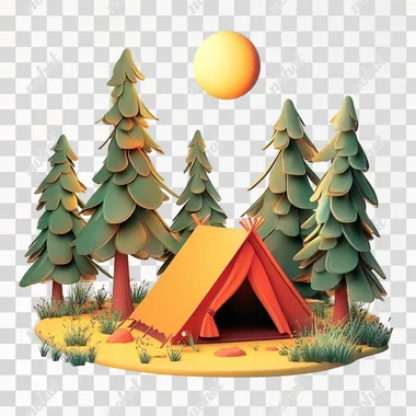 a tent, It is in the woods concise style, cute icon style, perspective, realistic color, 3D rendering, white background, gradation effect, moon light from above and creates a sense of depth, It is a cartoon style with 3D rendering, high resolution, bright colors, to realistic details