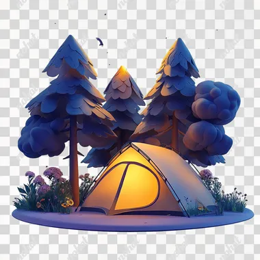 a tent, It is in the woods concise style, cute icon style, perspective, realistic color, 3D rendering, white background, gradation effect, moon light from above and creates a sense of depth, It is a cartoon style with 3D rendering, high resolution, bright colors, to realistic details