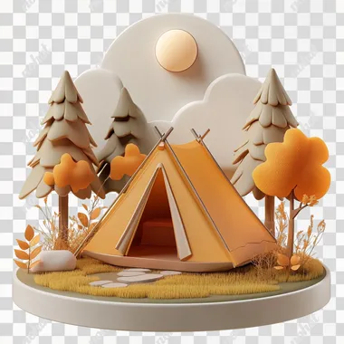 a tent, It is in the woods concise style, cute icon style, perspective, realistic color, 3D rendering, white background, gradation effect, moon light from above and creates a sense of depth, It is a cartoon style with 3D rendering, high resolution, bright colors, to realistic details