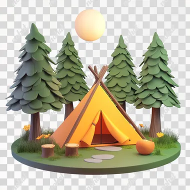 a tent, It is in the woods concise style, cute icon style, perspective, realistic color, 3D rendering, white background, gradation effect, moon light from above and creates a sense of depth, It is a cartoon style with 3D rendering, high resolution, bright colors, to realistic details