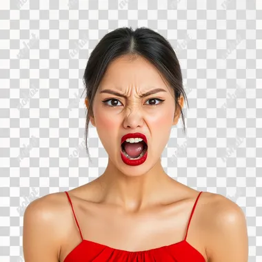 portrait of a beautiful youn asian woman on a white background, screaming in disgust with an exaggerated big mouth, red lipstick, extreme anger and frustration, contorted face, red lipstick