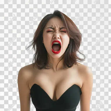 portrait of a beautiful youn asian woman on a white background, screaming in disgust with an exaggerated big mouth, red lipstick, extreme anger and frustration, contorted face, red lipstick