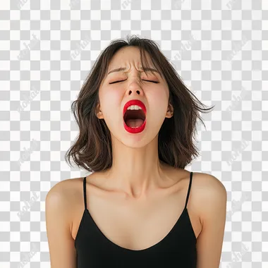 portrait of a beautiful youn asian woman on a white background, screaming in disgust with an exaggerated big mouth, red lipstick, extreme anger and frustration, contorted face, red lipstick