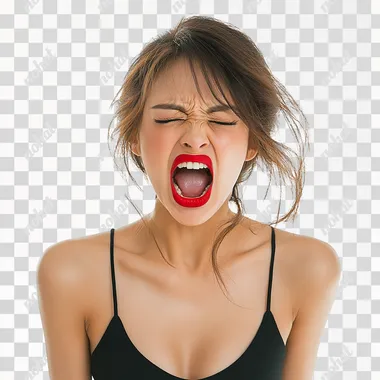 portrait of a beautiful youn asian woman on a white background, screaming in disgust with an exaggerated big mouth, red lipstick, extreme anger and frustration, contorted face, red lipstick
