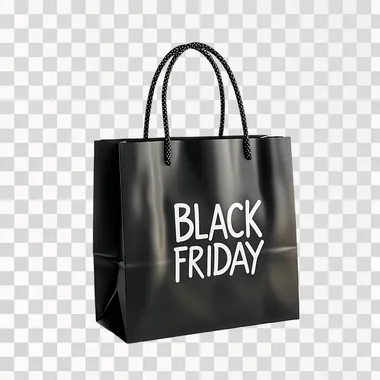 Front view Black paper bag with the text "BLACK FRIDAY" written in white isolated on white background, 3D style, mockup, white background, no shadows,   --s 250