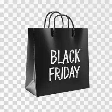 Front view Black paper bag with the text "BLACK FRIDAY" written in white isolated on white background, 3D style, mockup, white background, no shadows,   --s 250