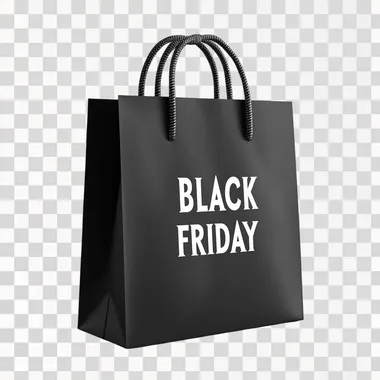 Front view Black paper bag with the text "BLACK FRIDAY" written in white isolated on white background, 3D style, mockup, white background, no shadows,   --s 250