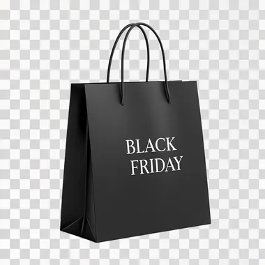 Front view Black paper bag with the text "BLACK FRIDAY" written in white isolated on white background, 3D style, mockup, white background, no shadows,   --s 250