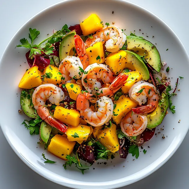 Hyperrealistic Shrimp, Avocado, Mango Salad on White Background