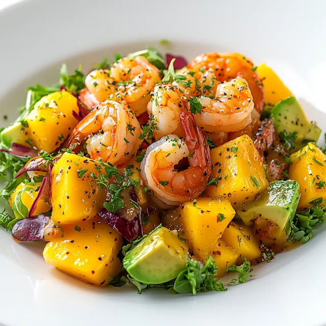 Hyperrealistic Shrimp, Mango, and Avocado Salad on White Plate