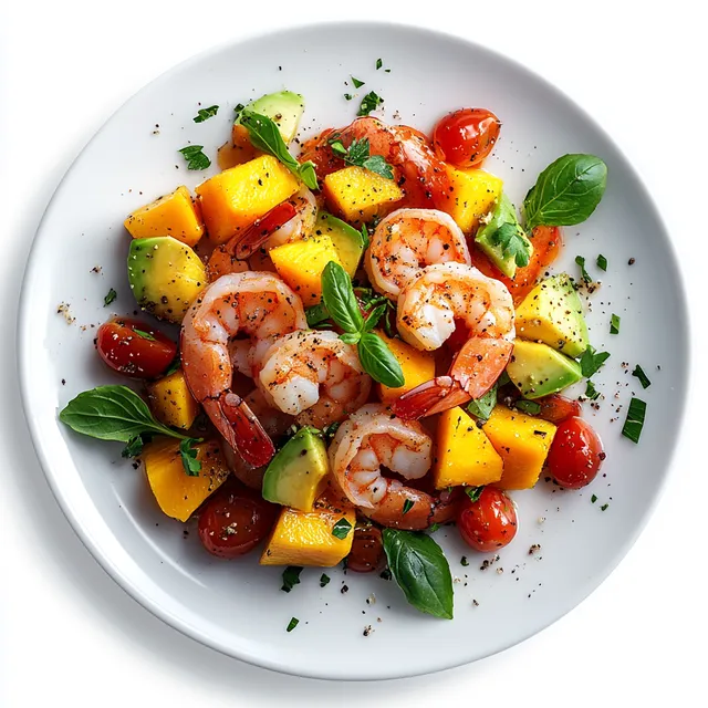 Hyperrealistic Shrimp, Mango, and Avocado Salad on White Plate