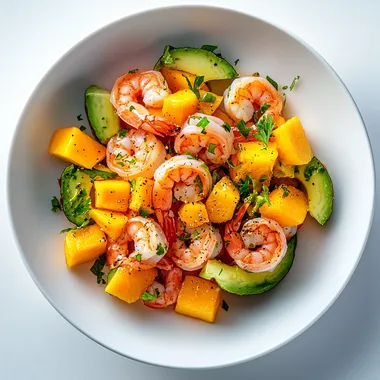 hyperrealistic shrimp, mango and avocado salad, realism pushed to extreme, photographic. white background --s 250