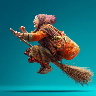 An elderly Russian grandmother flying on a broomstick, smiling into the camera, wearing purple, orange and green, isolated against a blue background, colorful, high resolution, photorealistic, in the style of digital art.  rofile y3jgnea