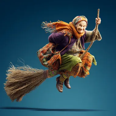 An elderly Russian grandmother flying on a broomstick, smiling into the camera, wearing purple, orange and green, isolated against a blue background, colorful, high resolution, photorealistic, in the style of digital art.  rofile y3jgnea
