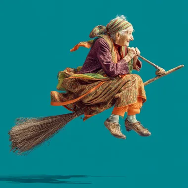 An elderly Russian grandmother flying on a broomstick, smiling into the camera, wearing purple, orange and green, isolated against a blue background, colorful, high resolution, photorealistic, in the style of digital art.  rofile y3jgnea