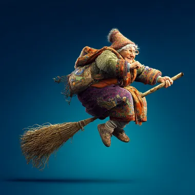 An elderly Russian grandmother flying on a broomstick, smiling into the camera, wearing purple, orange and green, isolated against a blue background, colorful, high resolution, photorealistic, in the style of digital art.  rofile y3jgnea