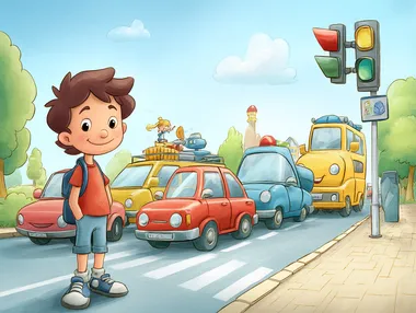 Illustrate a fun, happy, and vibrant photo for a children book page. Depict a smiling cartoon child on the paved path on the right and colorful vehicles on the road, traffic light in the background, clear blue sky. Incorporate bright colors, and engaging visuals that appeal to little children, conveying the importance of road safety in a playful and approachable way.  rofile 5r9f6jo