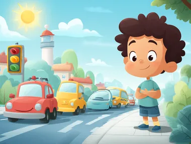 Illustrate a fun, happy, and vibrant photo for a children book page. Depict a smiling cartoon child on the paved path on the right and colorful vehicles on the road, traffic light in the background, clear blue sky. Incorporate bright colors, and engaging visuals that appeal to little children, conveying the importance of road safety in a playful and approachable way.  rofile 5r9f6jo