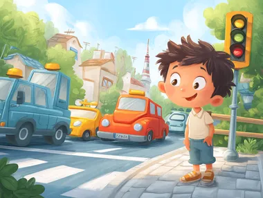 Illustrate a fun, happy, and vibrant photo for a children book page. Depict a smiling cartoon child on the paved path on the right and colorful vehicles on the road, traffic light in the background, clear blue sky. Incorporate bright colors, and engaging visuals that appeal to little children, conveying the importance of road safety in a playful and approachable way.  rofile 5r9f6jo