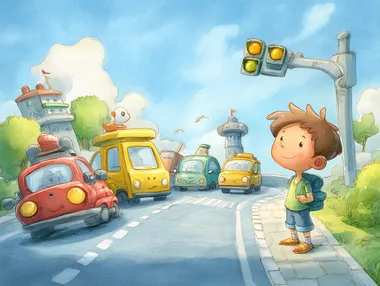 Illustrate a fun, happy, and vibrant photo for a children book page. Depict a smiling cartoon child on the paved path on the right and colorful vehicles on the road, traffic light in the background, clear blue sky. Incorporate bright colors, and engaging visuals that appeal to little children, conveying the importance of road safety in a playful and approachable way.  rofile 5r9f6jo