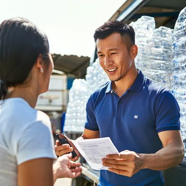 In the open-air from under a clear sunny sky, an Asian man 30 yo in a blue polo shirt holds a paper delivery note in his left hand and a smartphone in his right hand, talking with shop owner wearing white t-shirt. they stands next to a truck that is loading transparently packaged water, looking happy, The bright sunlight highlights the outdoor setting, with the truck parked in a spacious area, and the scene feels dynamic