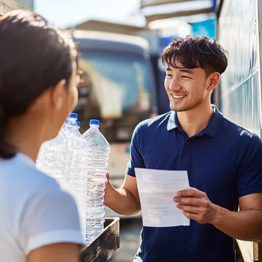 In the open-air from under a clear sunny sky, an Asian man 30 yo in a blue polo shirt holds a paper delivery note in his left hand and a smartphone in his right hand, talking with shop owner wearing white t-shirt. they stands next to a truck that is loading transparently packaged water, looking happy, The bright sunlight highlights the outdoor setting, with the truck parked in a spacious area, and the scene feels dynamic