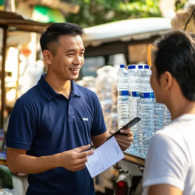 In the open-air from under a clear sunny sky, an Asian man 30 yo in a blue polo shirt holds a paper delivery note in his left hand and a smartphone in his right hand, talking with shop owner wearing white t-shirt. they stands next to a truck that is loading transparently packaged water, looking happy, The bright sunlight highlights the outdoor setting, with the truck parked in a spacious area, and the scene feels dynamic