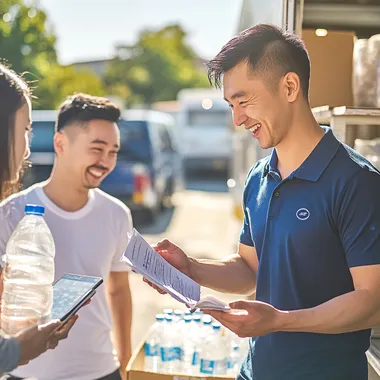 In the open-air from under a clear sunny sky, an Asian man 30 yo in a blue polo shirt holds a paper delivery note in his left hand and a smartphone in his right hand, talking with shop owner wearing white t-shirt. they stands next to a truck that is loading transparently packaged water, looking happy, The bright sunlight highlights the outdoor setting, with the truck parked in a spacious area, and the scene feels dynamic