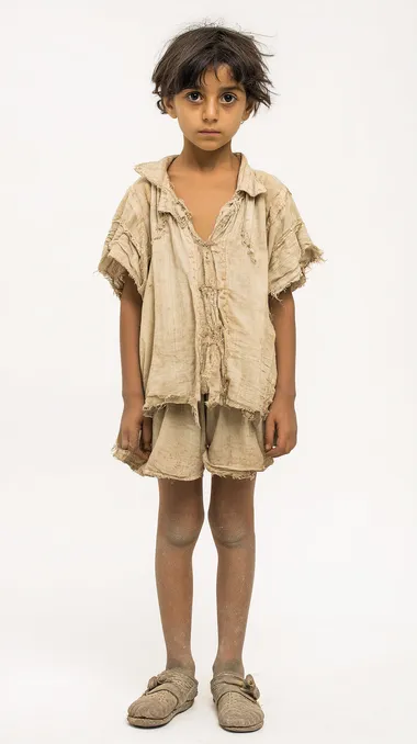 Arab girl, pretty, 7 years old, black hair, very very very thin, especially on the face, refugee, hungry, wearing ragged beige cloth short-sleeved shirt, ragged cloth shoes, full body shot, front view