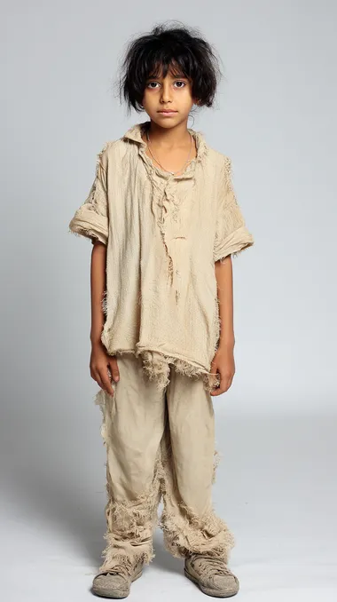 Arab girl, pretty, 7 years old, black hair, very very very thin, especially on the face, refugee, hungry, wearing ragged beige cloth short-sleeved shirt, ragged cloth shoes, full body shot, front view