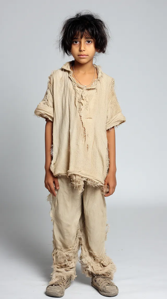 Vulnerable Refugee Girl in Ragged Clothing