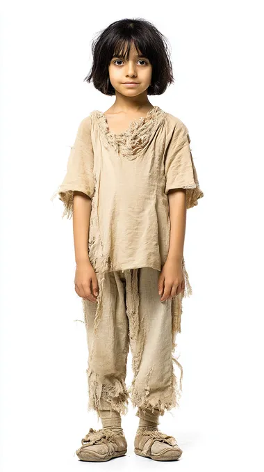 Arab girl, pretty, 7 years old, black hair, very very very thin, especially on the face, refugee, hungry, wearing ragged beige cloth short-sleeved shirt, ragged cloth shoes, full body shot, front view